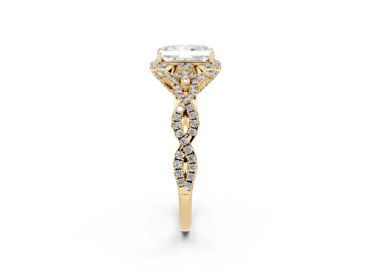 Radiant Cut Halo Twist Band Solitaire Ring with Six-Prong Setting Yellow gold