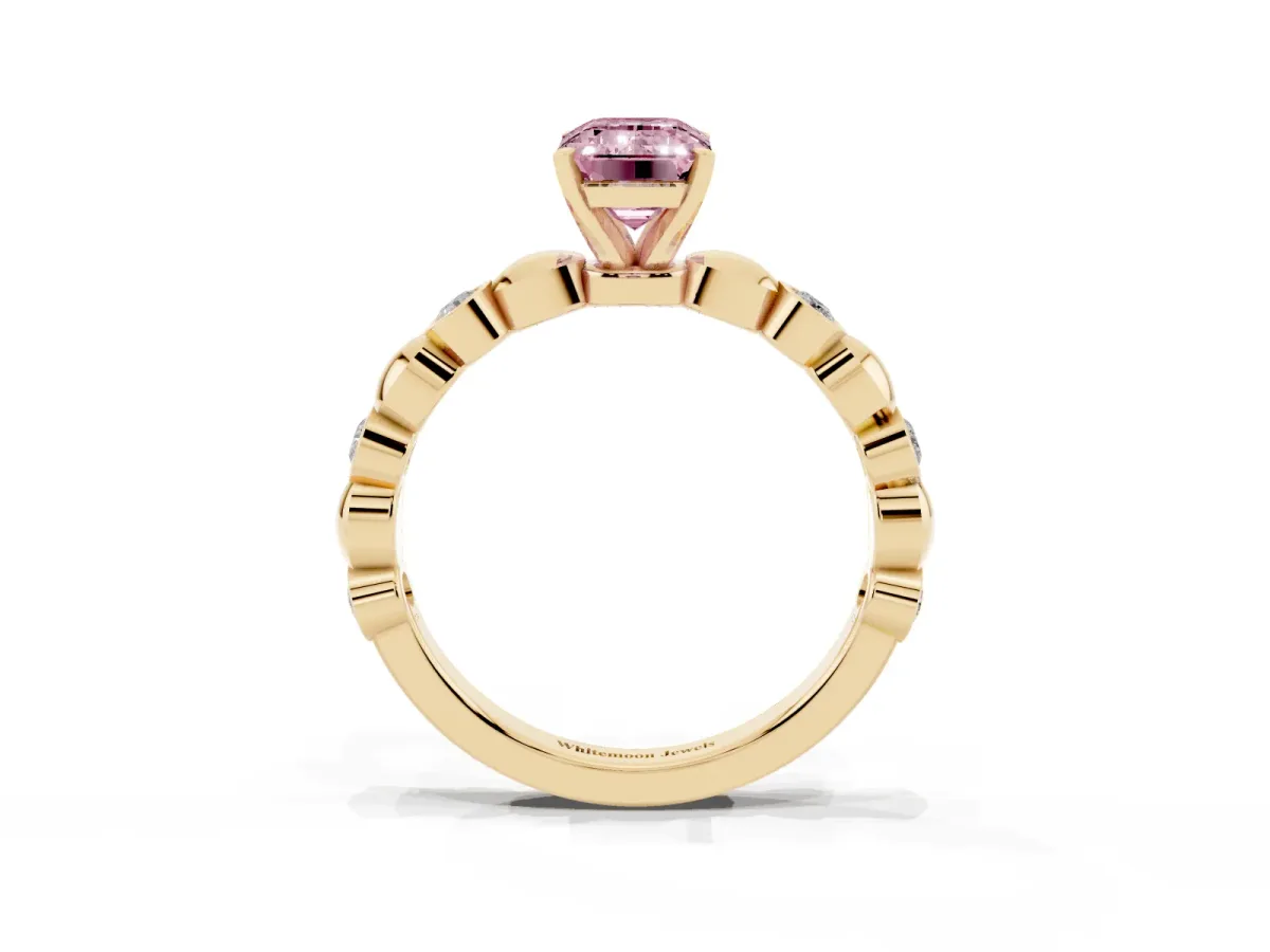 Fancy Pink Emerald Cut Solitaire Bezel-Set Diamond Ring with Beaded Band and Four-Prong Setting Yellow gold