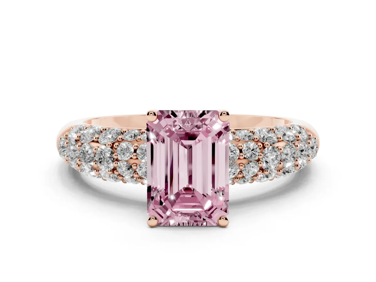 Fancy Pink Emerald Cut Diamond Pavé Band Solitaire Ring with Four-Prong Setting Rose gold