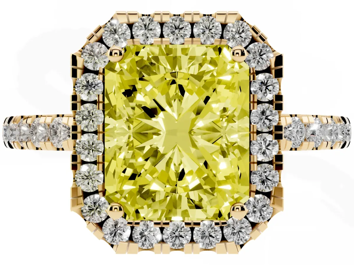 Fancy Yellow Radiant Cut Halo Diamond Engagement Ring with Pavé Band and Four-Prong Setting Yellow gold
