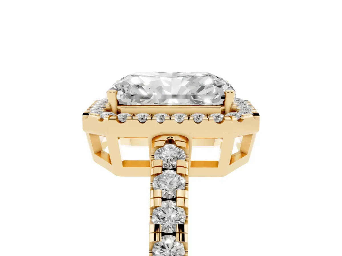 Radiant Cut Diamond Halo Ring with Pavé Band and Four-Prong Setting Yellow gold