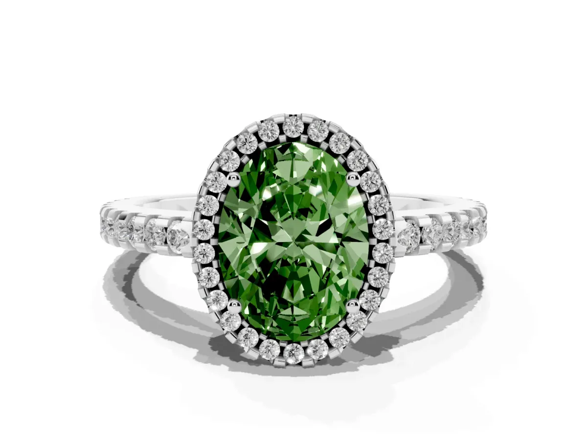 Fancy Green Oval Cut Diamond Halo Engagement Ring with Pavé Band and Prong Setting Platinum