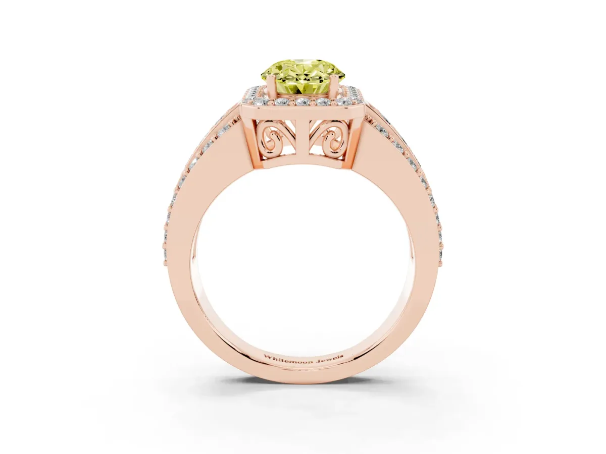 Fancy Yellow Oval Cut Halo Diamond Ring with Round Split Shank and Prong Setting Rose gold
