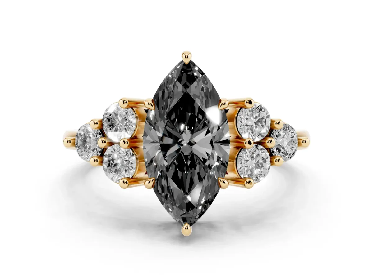 Fancy Black Marquise Cut Brilliant Diamond Cluster Accent Solitaire Ring with Prong Setting Yellow gold