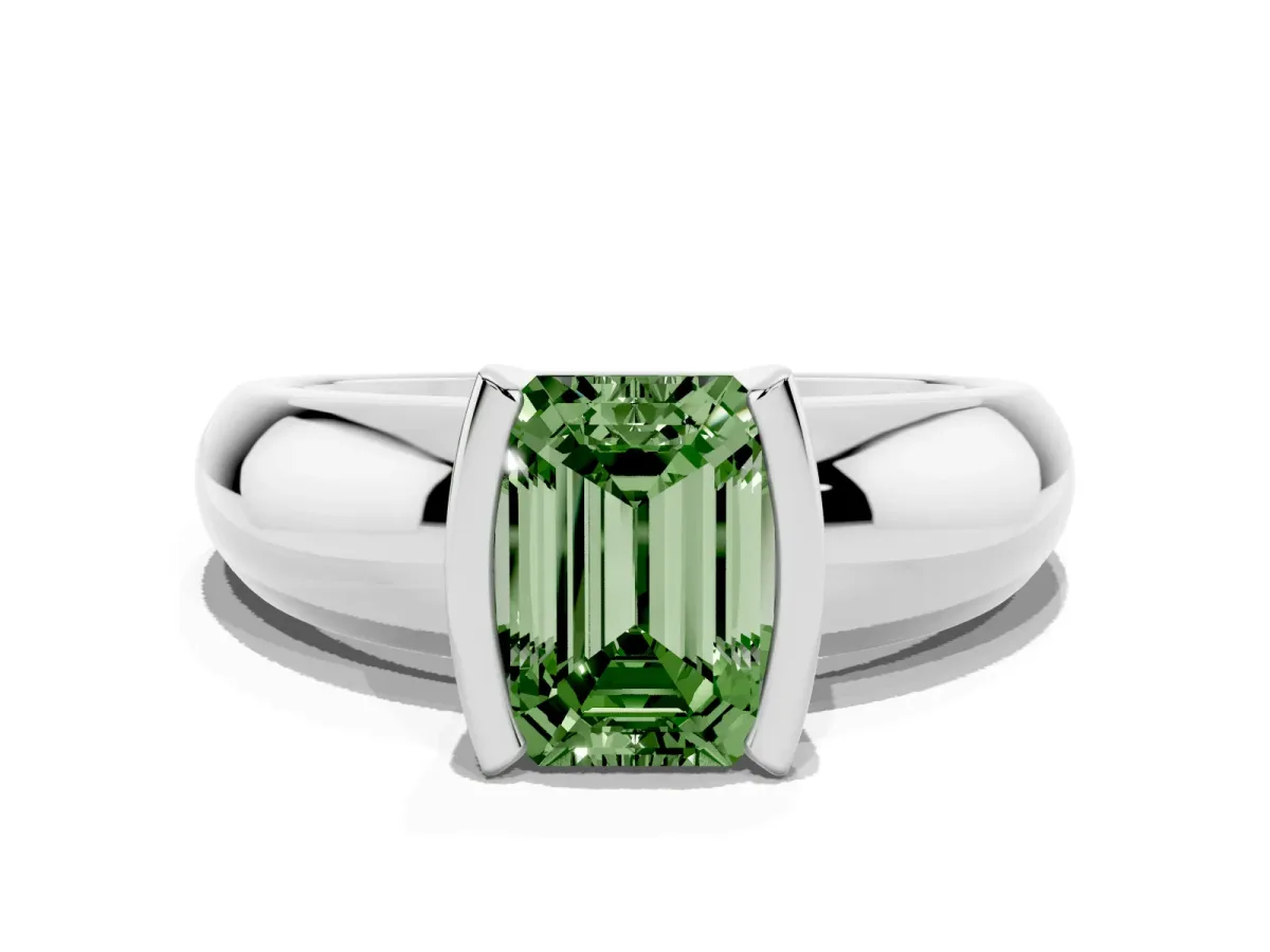 Fancy Green Emerald Cut Solitaire Tension Set Diamond Ring with Wide Band Platinum