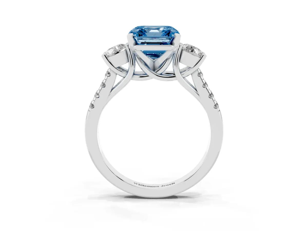 Fancy Blue Three-Stone Asscher Cut Diamond Pavé Band with Four-Prong Setting Platinum