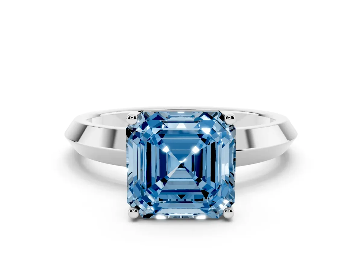 Fancy Blue Asscher Cut Cut Solitaire Engagement Ring with Flat Band and Four-Prong Setting Silver