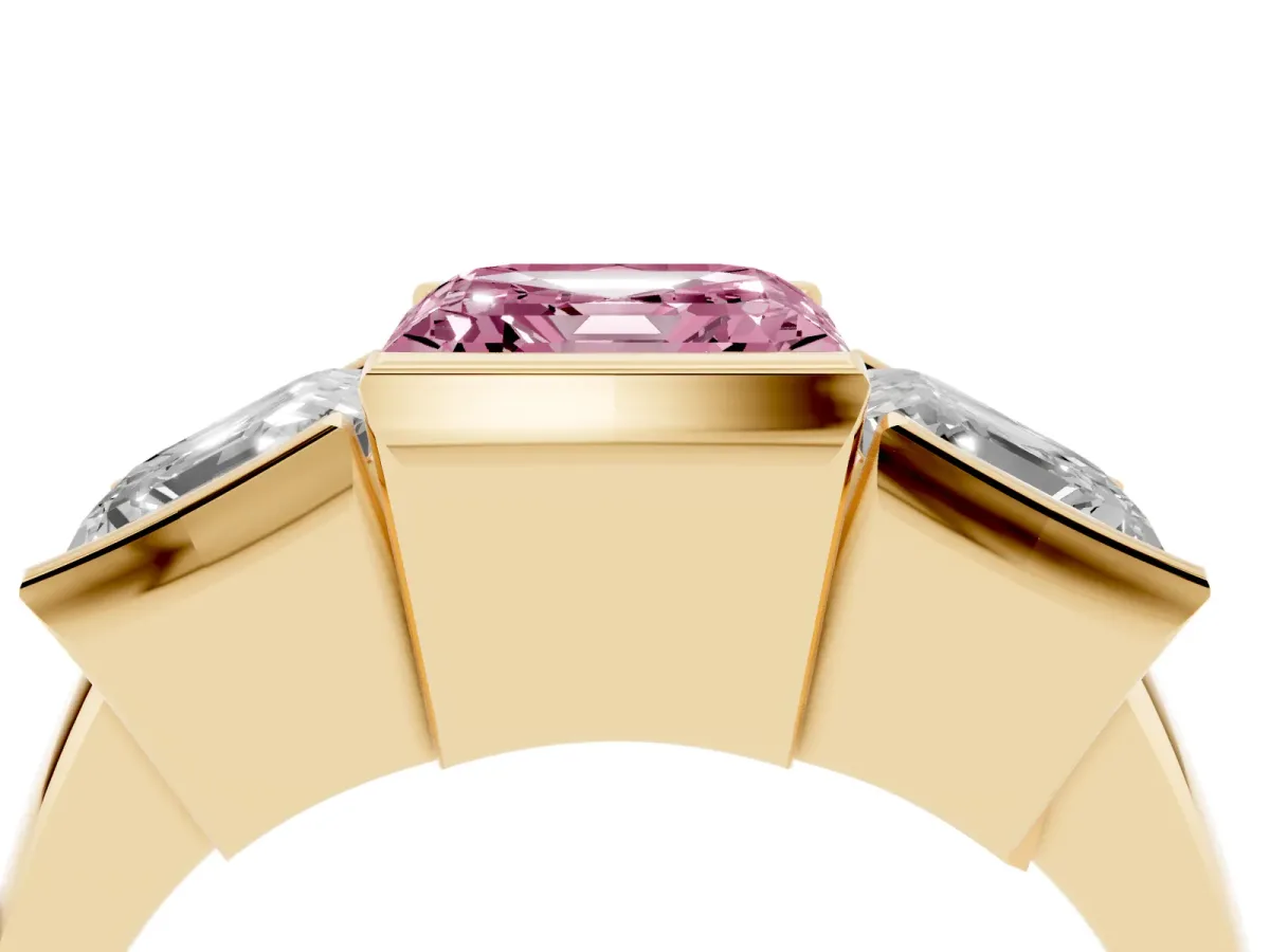 Fancy Pink Three Stone Asscher Cut Cut Channel Set Diamond Ring Yellow gold