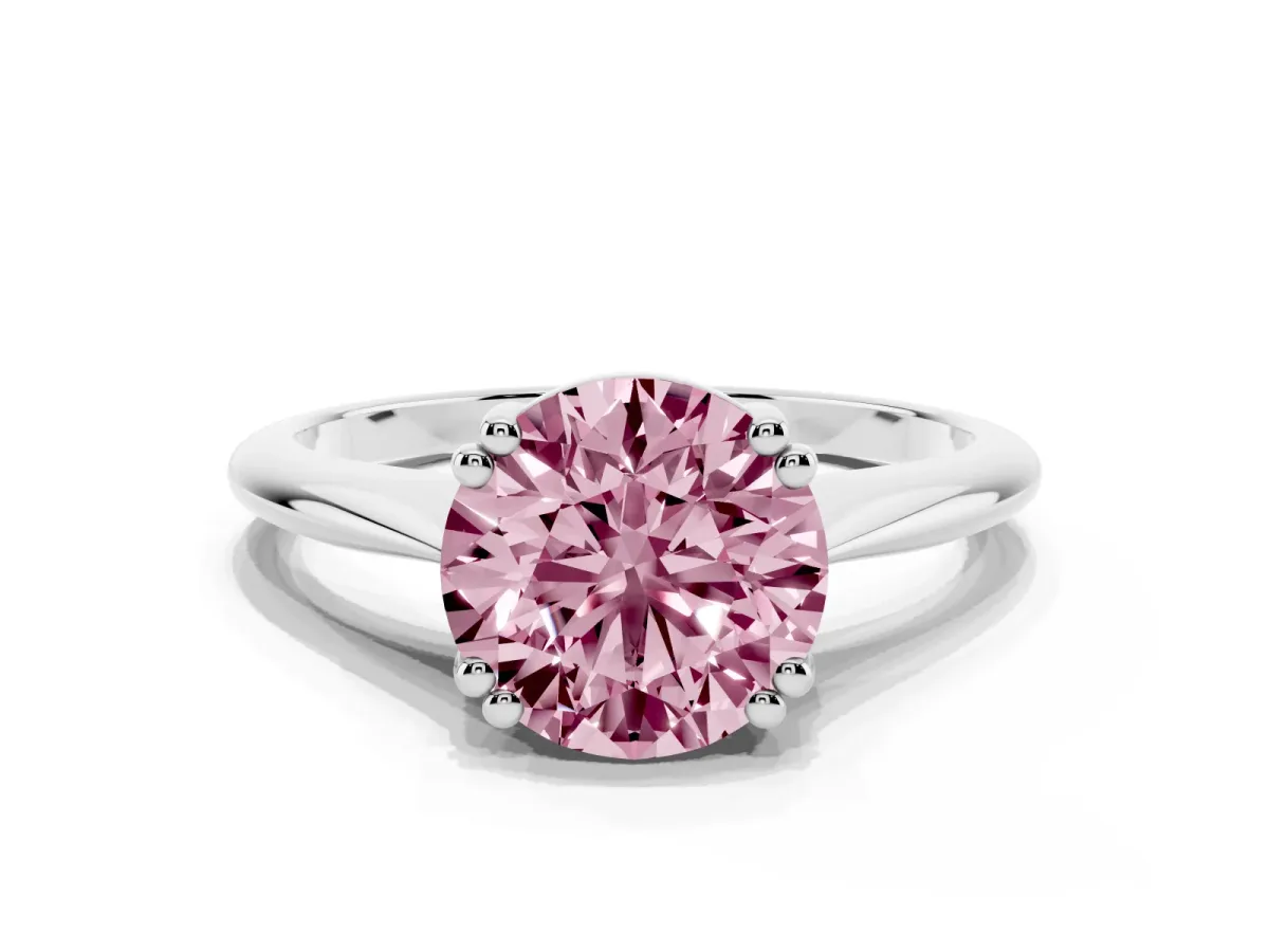 Fancy Pink Round Cut Solitaire Diamond Ring with Six-Prong Setting and Classic Band Silver