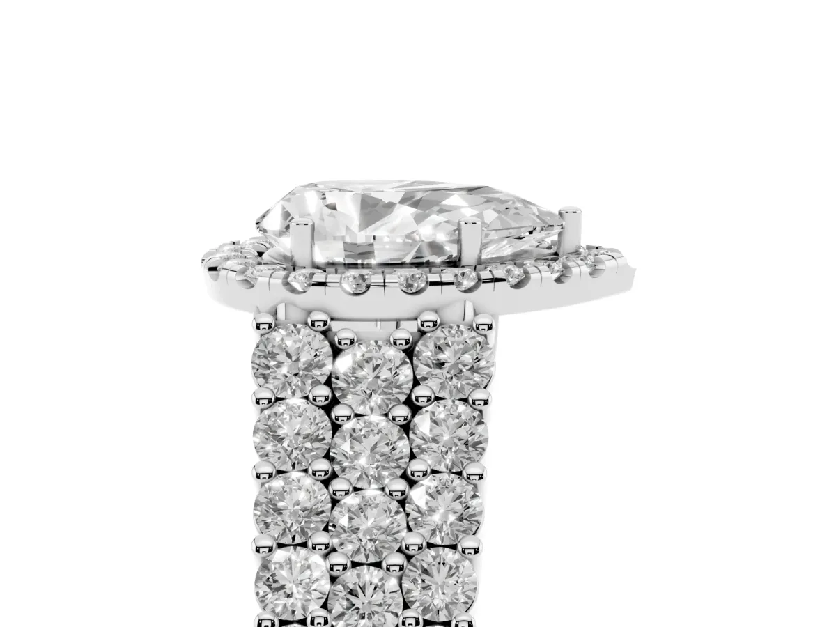 Pear Cut Diamond Halo Engagement Ring with Triple Row Round Pavé Band and Prong Setting Silver