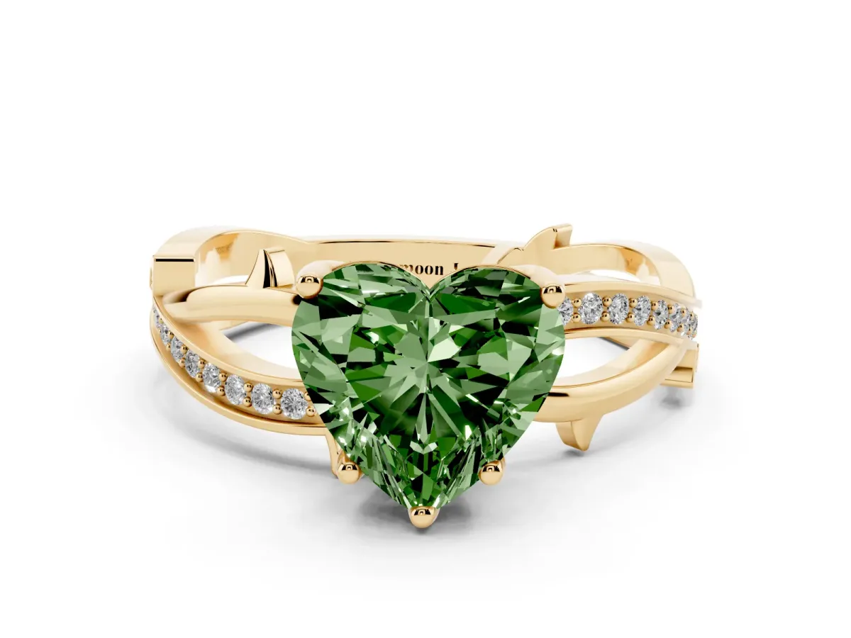 Fancy Green Heart Cut Solitaire Twist Band with Pavé Accents and Four-Prong Setting Yellow gold