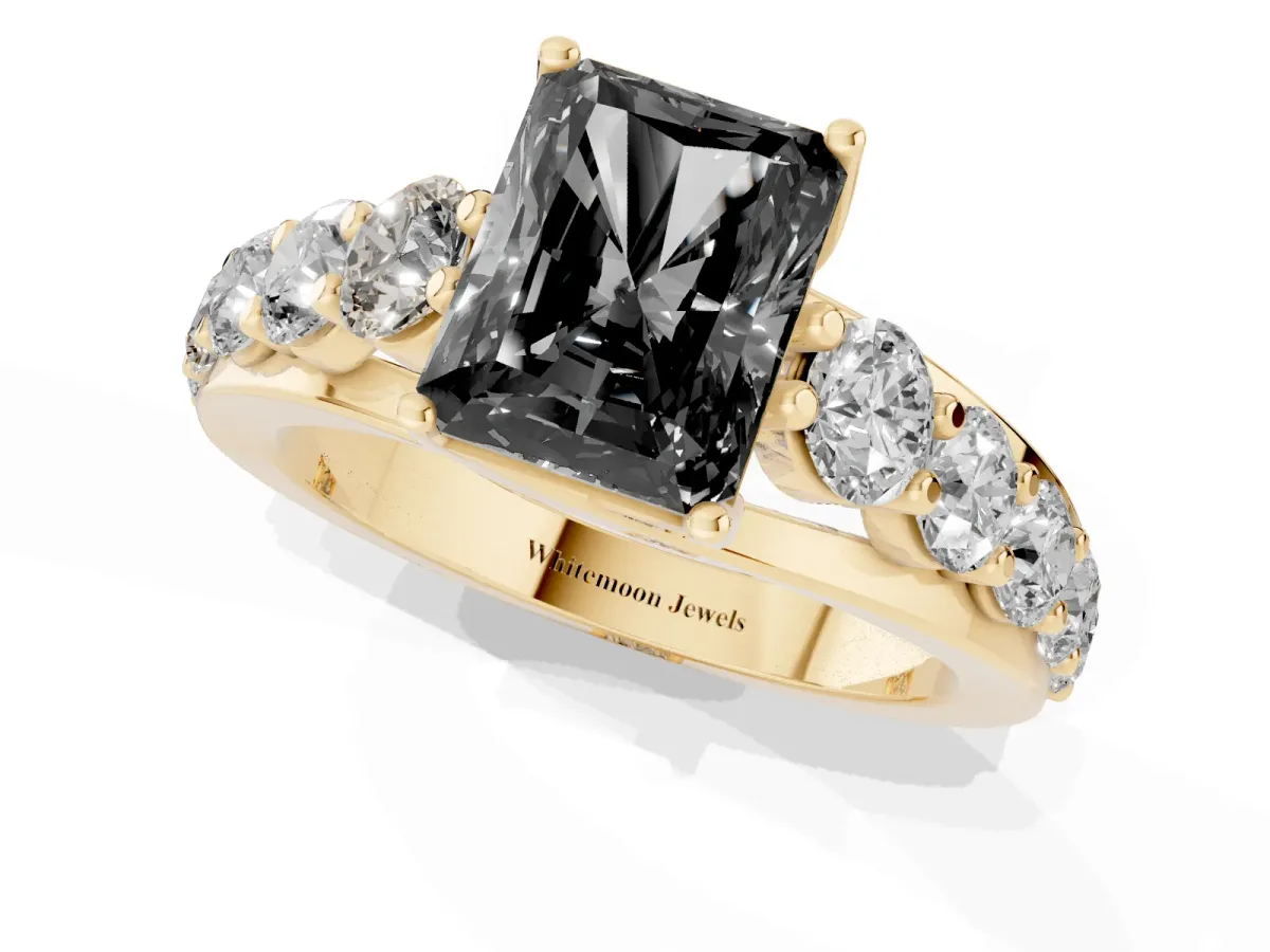 Fancy Black Radiant Cut Diamond Engagement Ring with Pavé Band and Four-Prong Setting Yellow gold