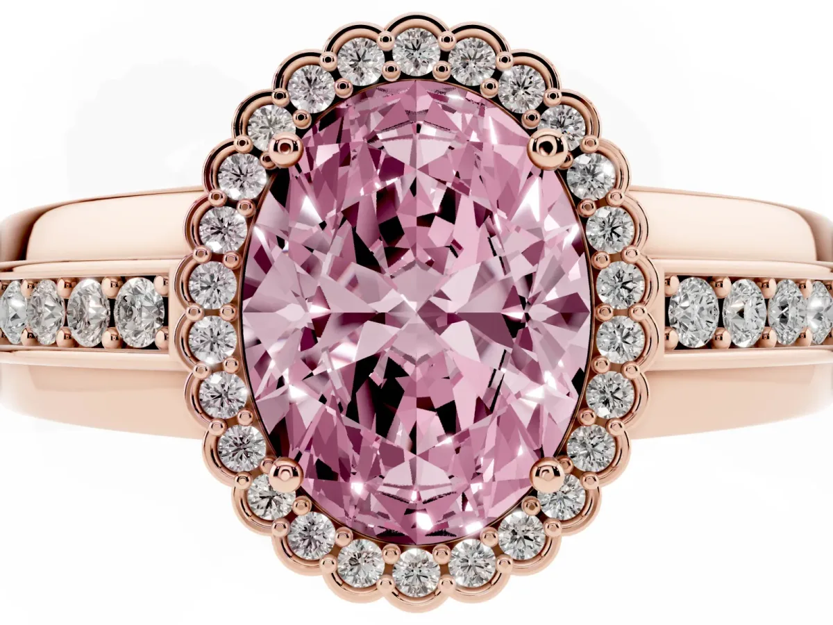 Fancy Pink Oval Cut Cut Halo Pave Band Four-Prong Ring Rose gold