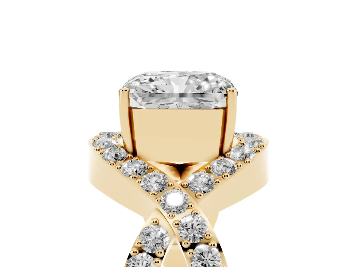 Radiant Cut Solitaire Twist Band Pavé Diamond Engagement Ring Yellow gold