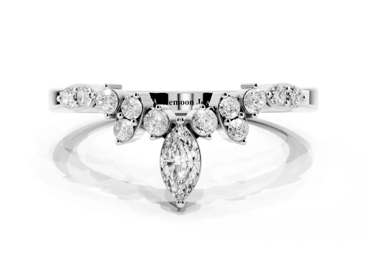 Marquise and Round Diamond Chevron Band with Prong Setting Platinum