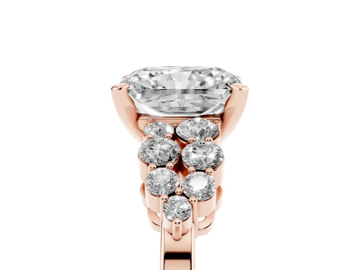 Radiant Cut Cluster Diamond Engagement Ring with Pavé Band and Four-Prong Setting Rose gold