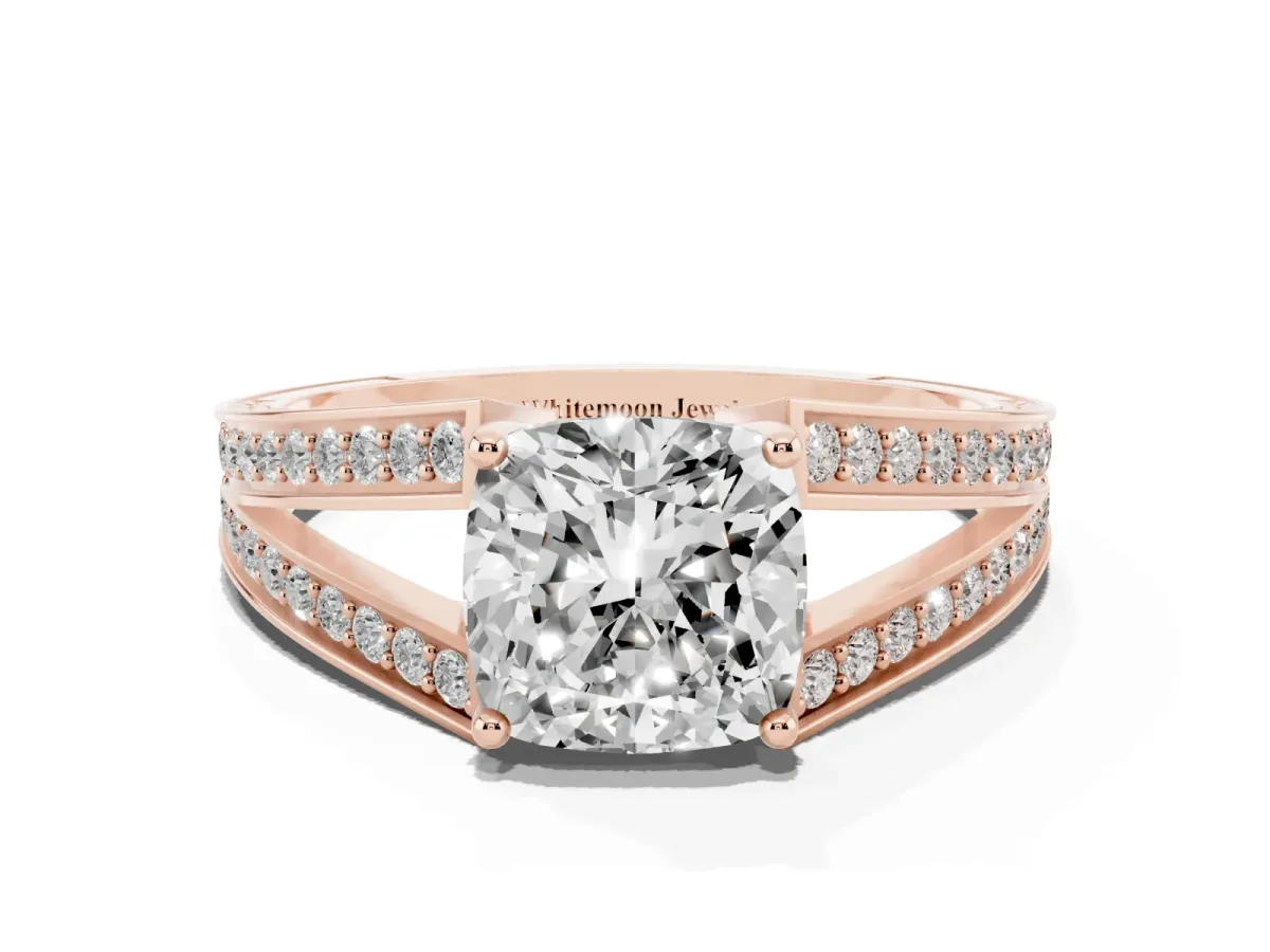 Cushion Cut Diamond Split Shank Ring with Pavé Band and Four-Prong Setting Rose gold