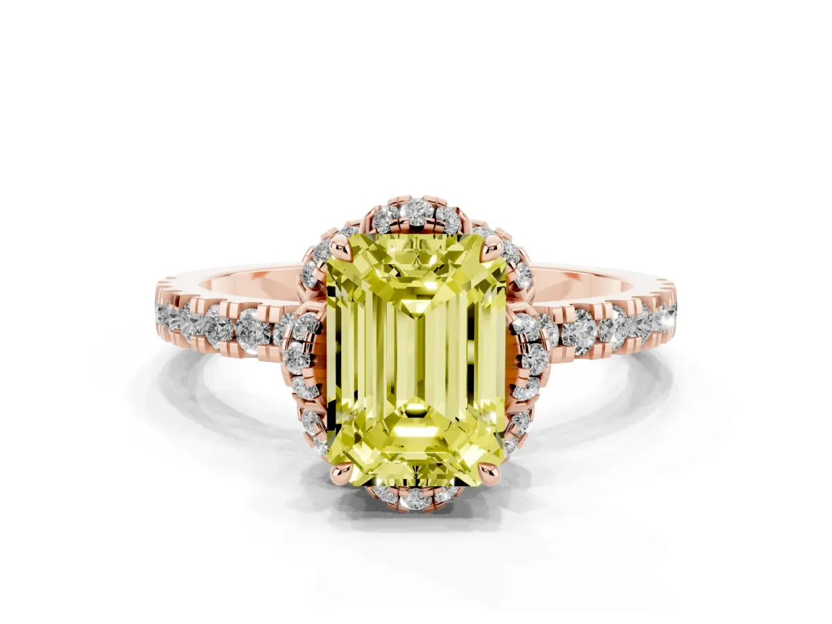 Fancy Yellow Emerald Cut Diamond Halo Pave Band with Four-Prong Setting Rose gold