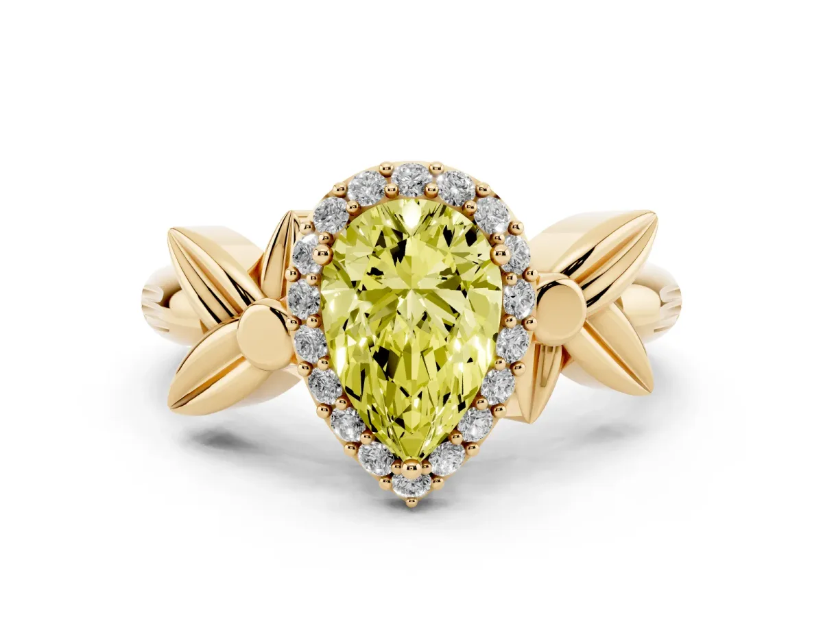 Fancy Yellow Pear Cut Halo Diamond Floral Band with Four-Prong Setting Yellow gold