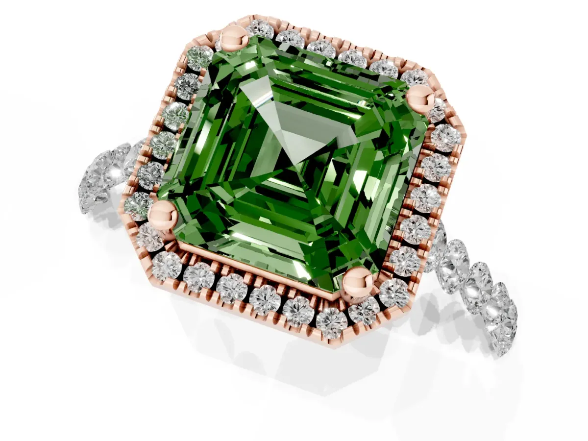 Fancy Green Asscher Cut Halo Pavé Diamond Engagement Ring with Four-Prong Setting Rose gold