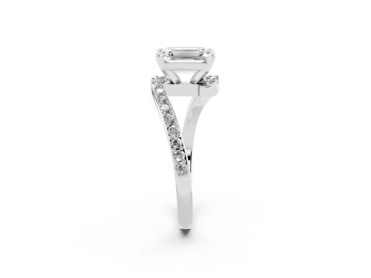 Emerald Cut Solitaire Twist Band with Pave Set Diamonds and Four-Prong Setting Silver