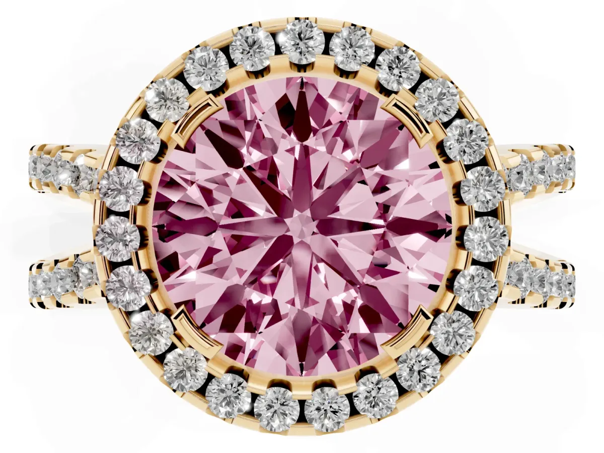 Fancy Pink Round Cut Diamond Halo Ring with Split Shank Pavé Band and Prong Setting Yellow gold