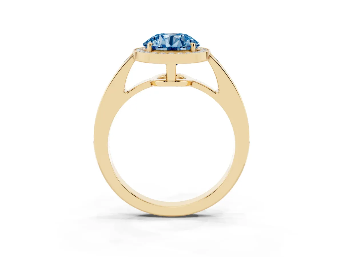 Fancy Blue Round Cut Halo Pavé Diamond Engagement Ring with Bezel Setting Yellow gold
