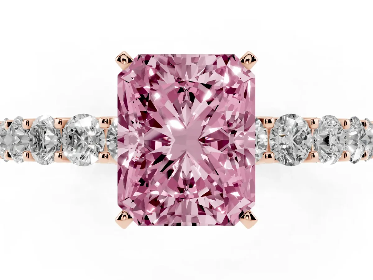 Fancy Pink Radiant Cut Diamond Solitaire Ring with Shared Prong Pavé Band and Four-Prong Setting Rose gold