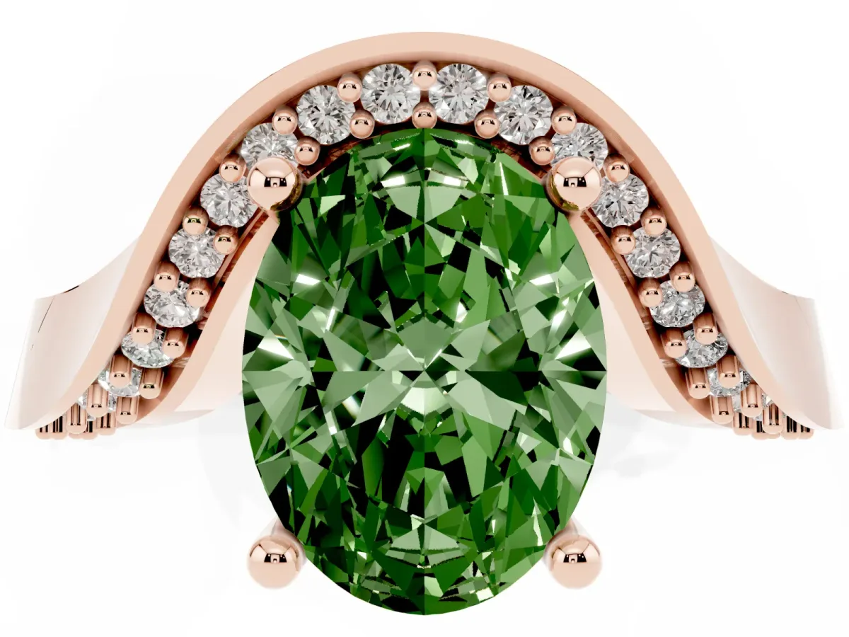 Fancy Green Oval Cut Solitaire Diamond Engagement Ring with Pave Band and Four-Prong Setting Rose gold