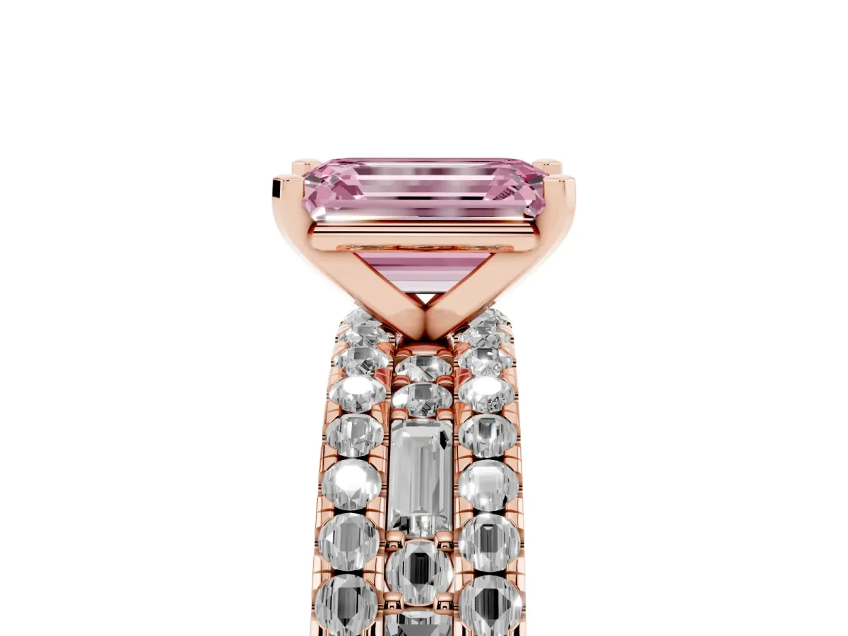 Fancy Pink Emerald Cut Diamond Solitaire Ring with Pavé and Channel Set Band Rose gold