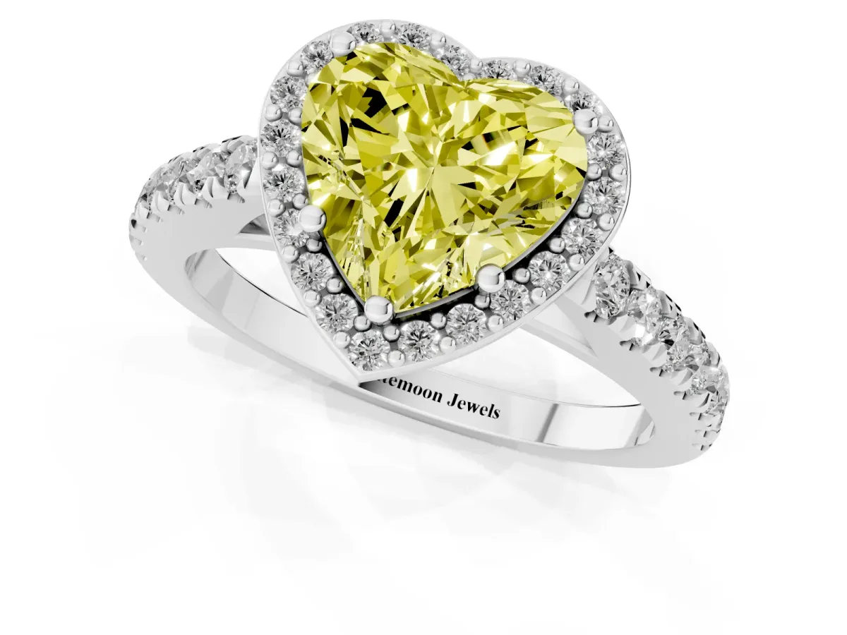 Fancy Yellow Heart Cut Cut Halo Diamond Engagement Ring with Pave Band and Four-Prong Setting Silver