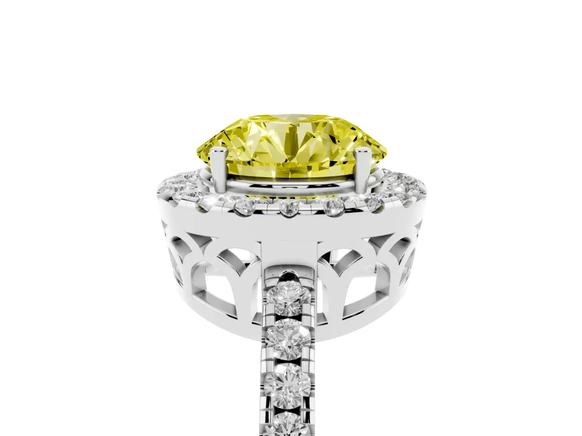 Fancy Yellow Round Cut Halo Diamond Engagement Ring with Pavé Band and Four-Prong Setting Silver