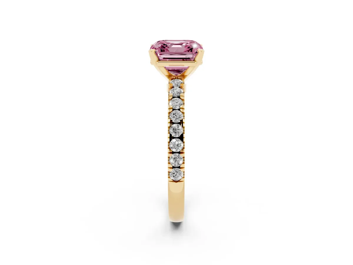 Fancy Pink Asscher Cut Solitaire Diamond with Pavé Band and Four-Prong Setting Yellow gold