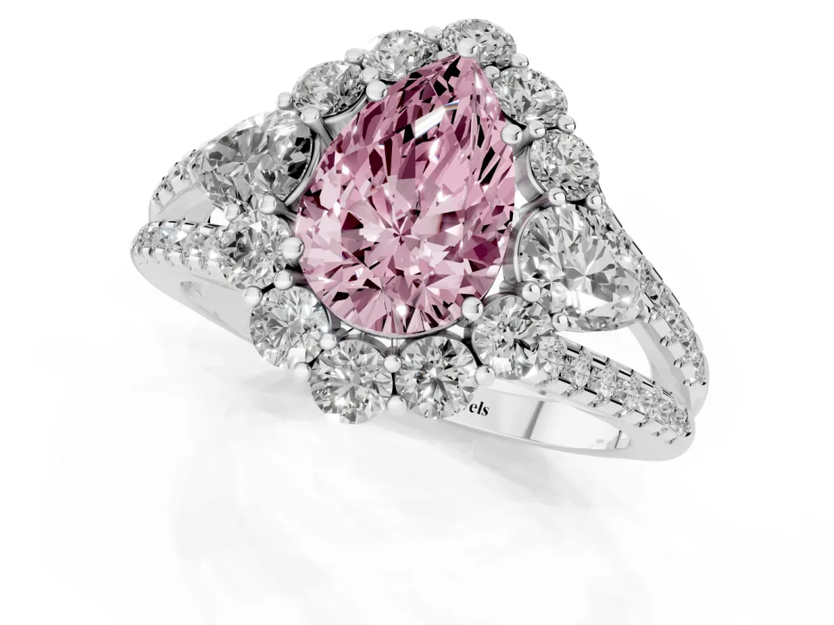Fancy Pink Pear Cut Halo Split Shank Diamond Engagement Ring with Prong Setting Platinum