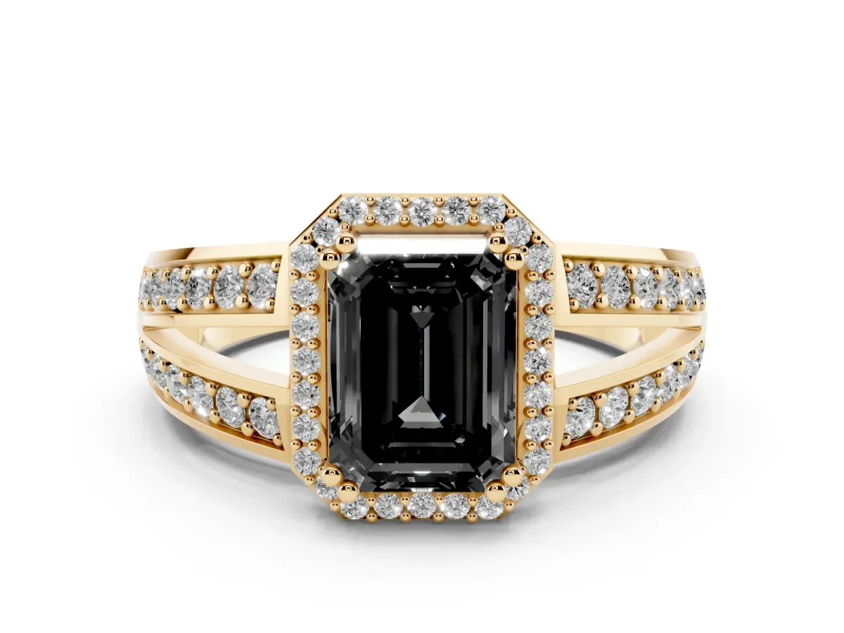 Fancy Black Emerald Cut Diamond Halo Ring with Split Shank Pavé Band and Four-Prong Setting Yellow gold