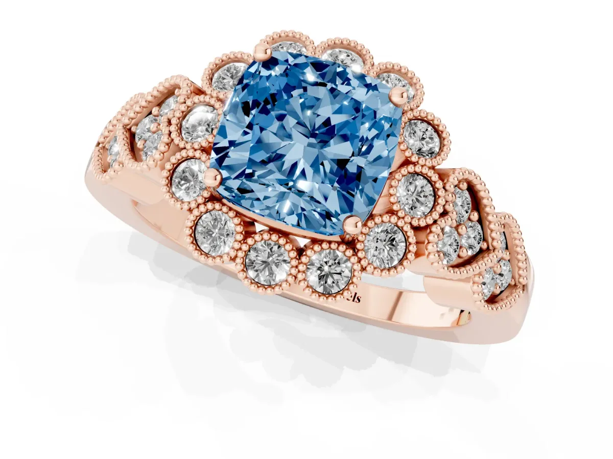 Fancy Blue Cushion Cut Brilliant Milgrain Pave Heart Band Solitaire Ring Rose gold