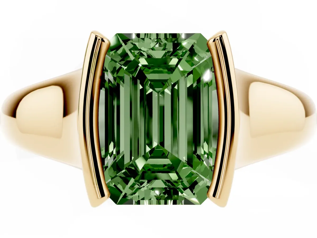 Fancy Green Emerald Cut Solitaire Tension Set Diamond Ring with Split Shank Band Yellow gold