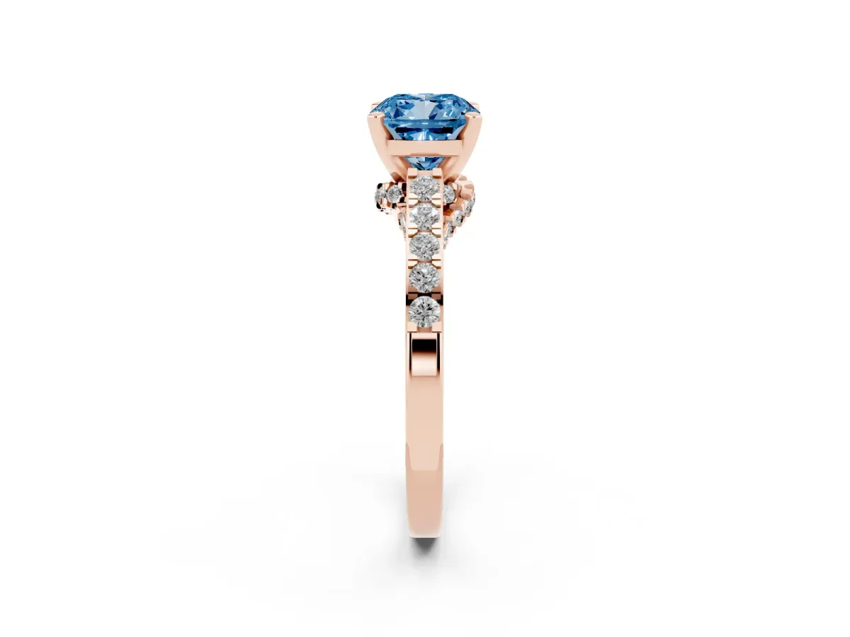 Fancy Blue Cushion Cut Diamond Solitaire Ring with Crossover Gallery and Round Pavé Band Rose gold