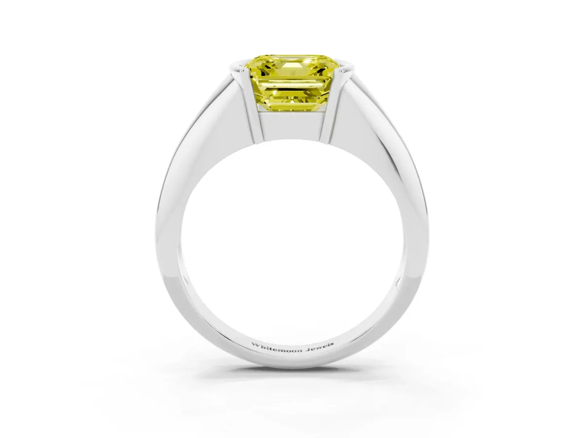 Fancy Yellow Asscher Cut Solitaire Tension Set Diamond Ring Silver