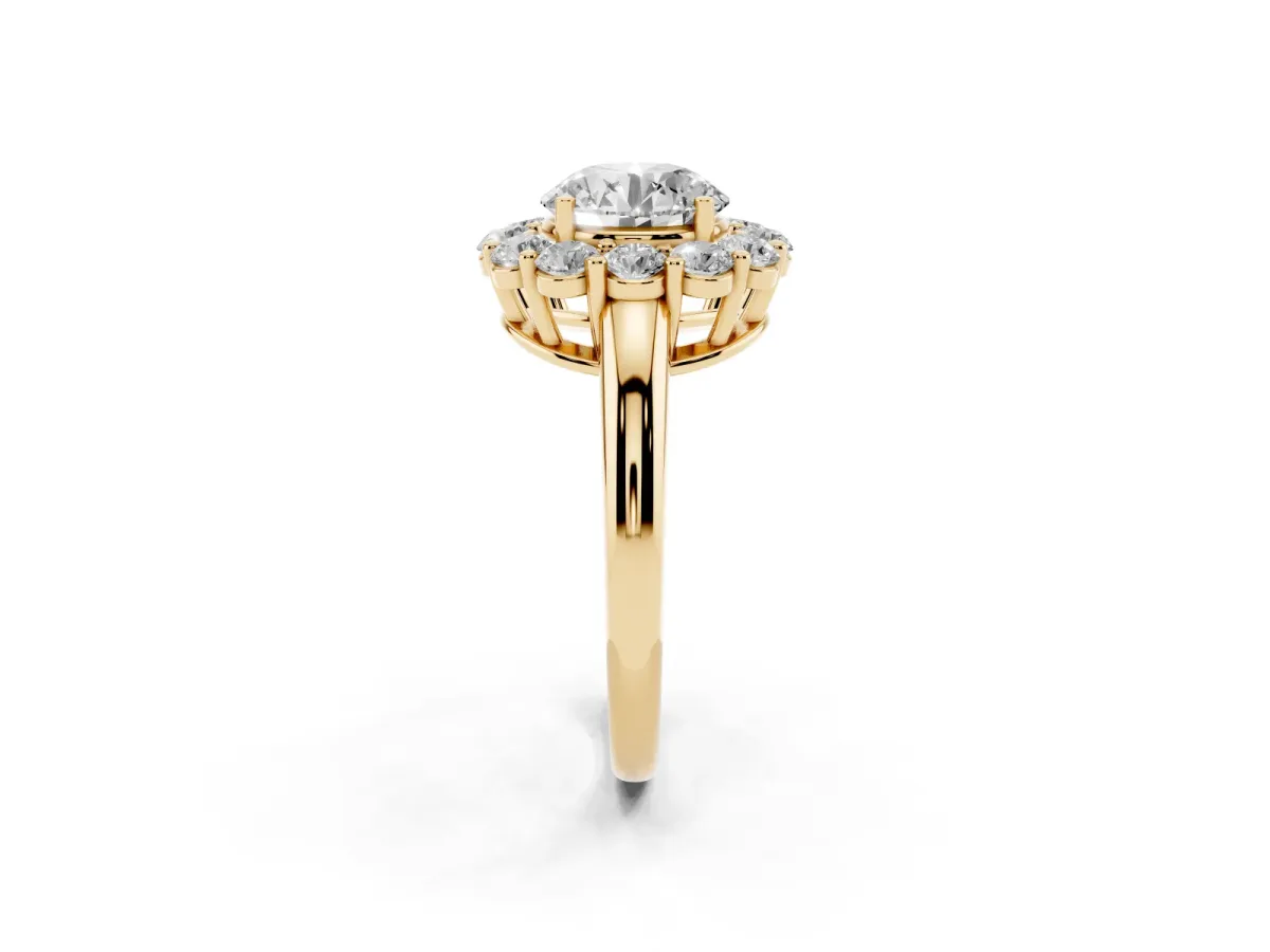 Round Cut Halo Cluster Diamond Engagement Ring with Prong Setting and Polished Band Yellow gold