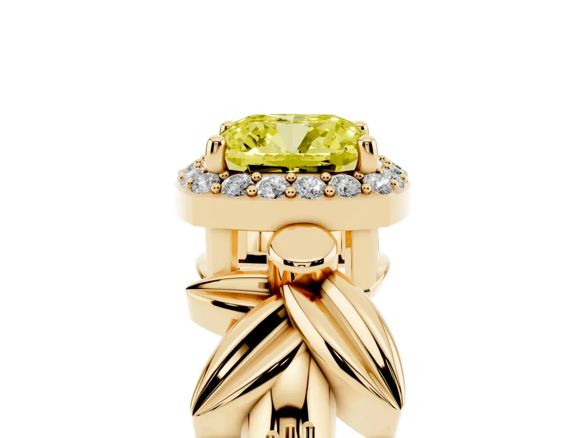 Fancy Yellow Cushion Cut Halo Diamond Floral Band with Four-Prong Setting Yellow gold