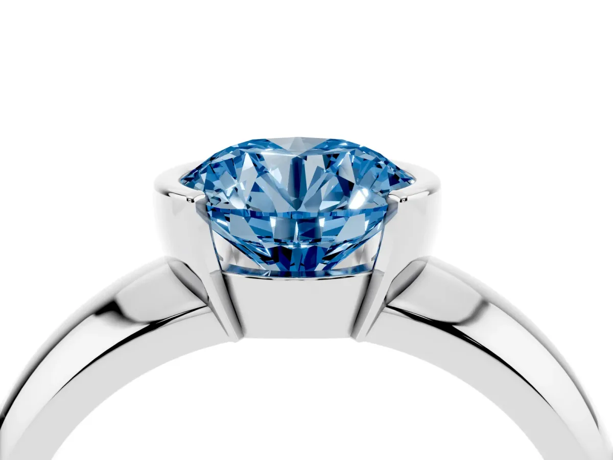 Fancy Blue Round Cut Solitaire Tension Set Diamond Ring with Wide Band Silver