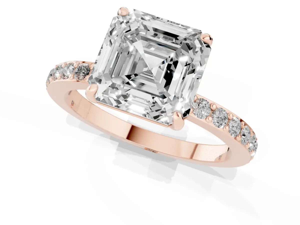 Asscher Cut Diamond Solitaire Engagement Ring with Pavé Band and Four-Prong Setting Rose gold