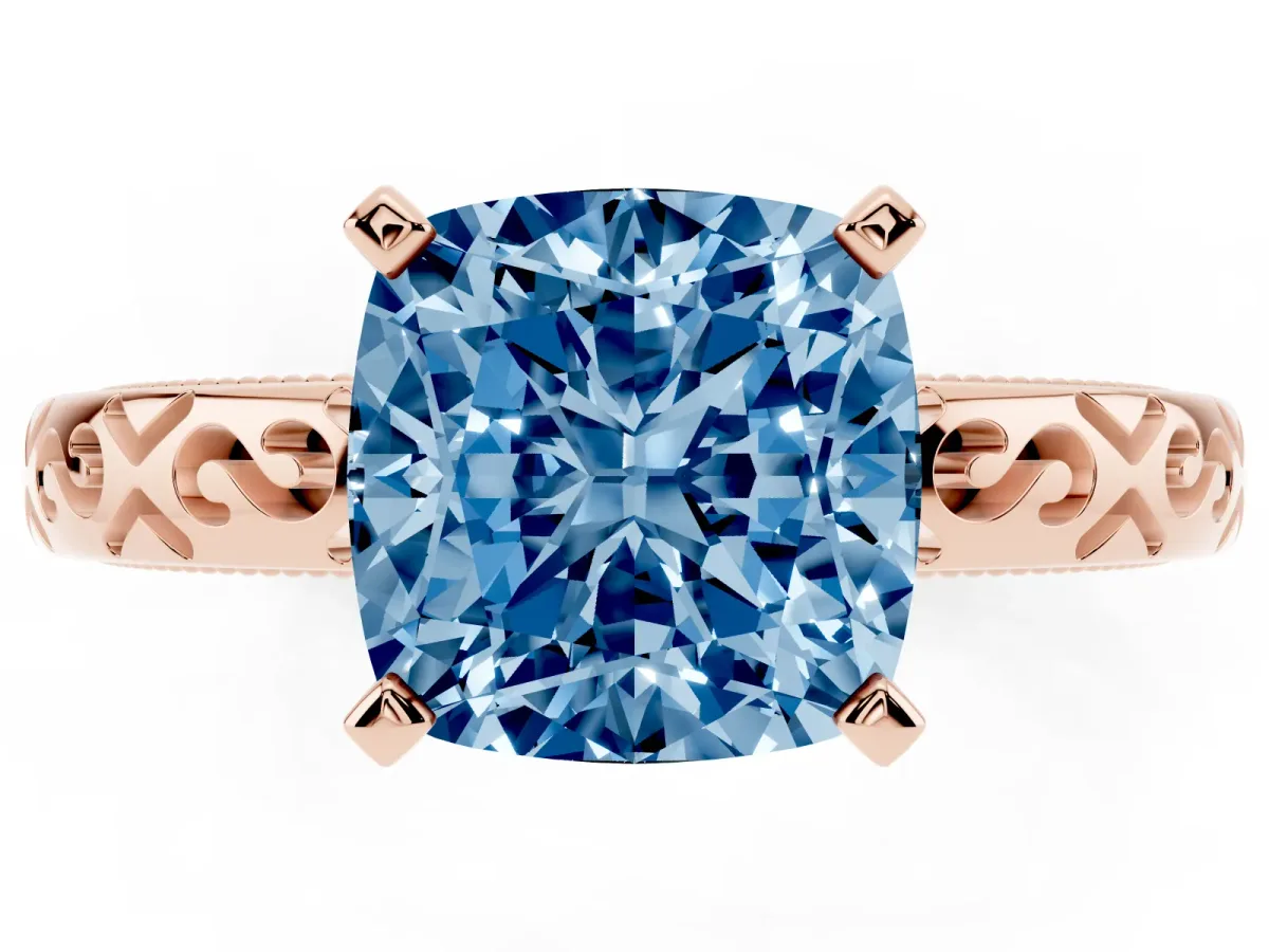 Fancy Blue Cushion Cut Solitaire Engagement Ring with Scrollwork Band and Four-Prong Setting Rose gold