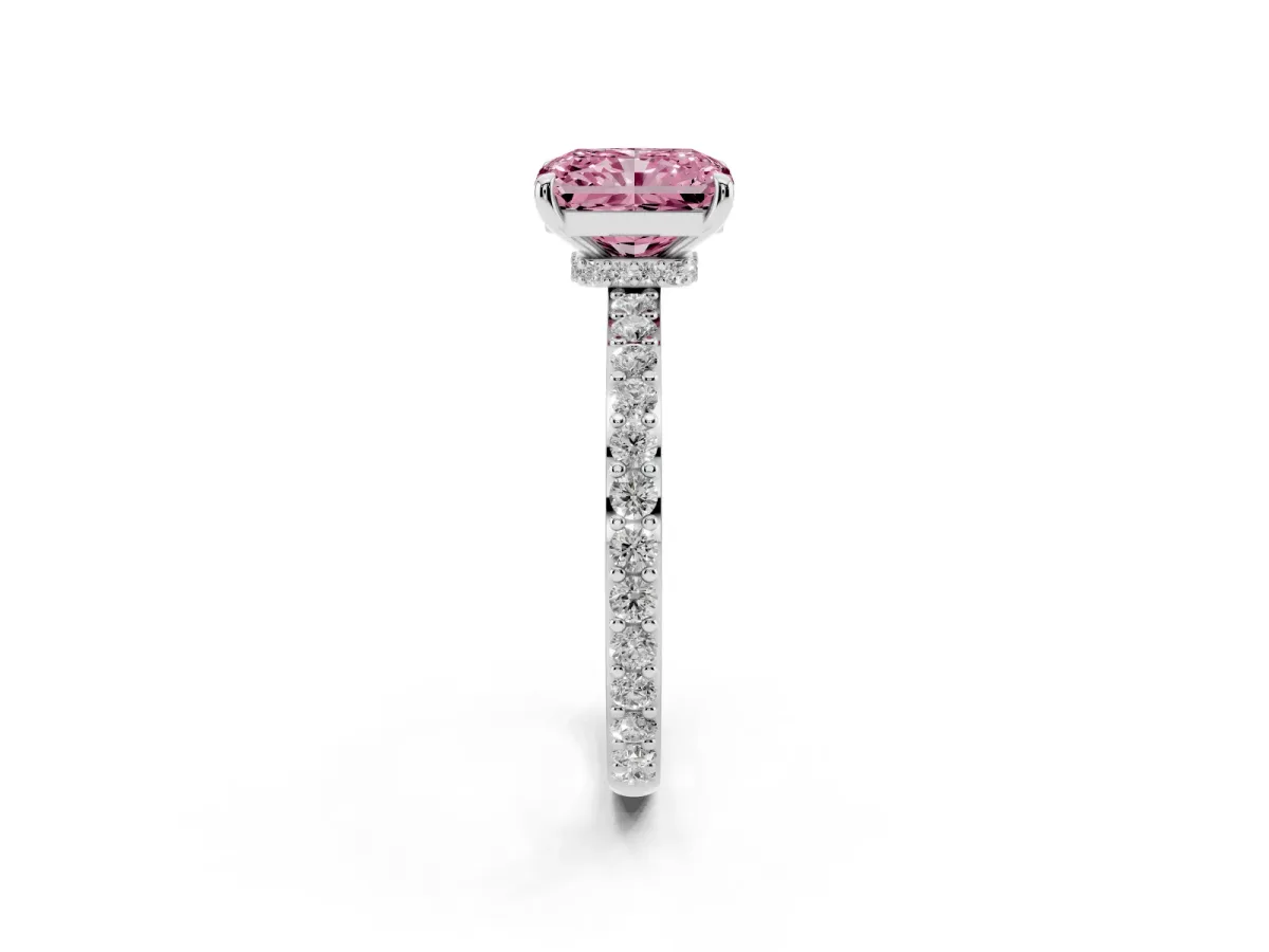 Fancy Pink Radiant Cut Diamond Pavé Engagement Ring with Round Accents and Prong Setting White gold