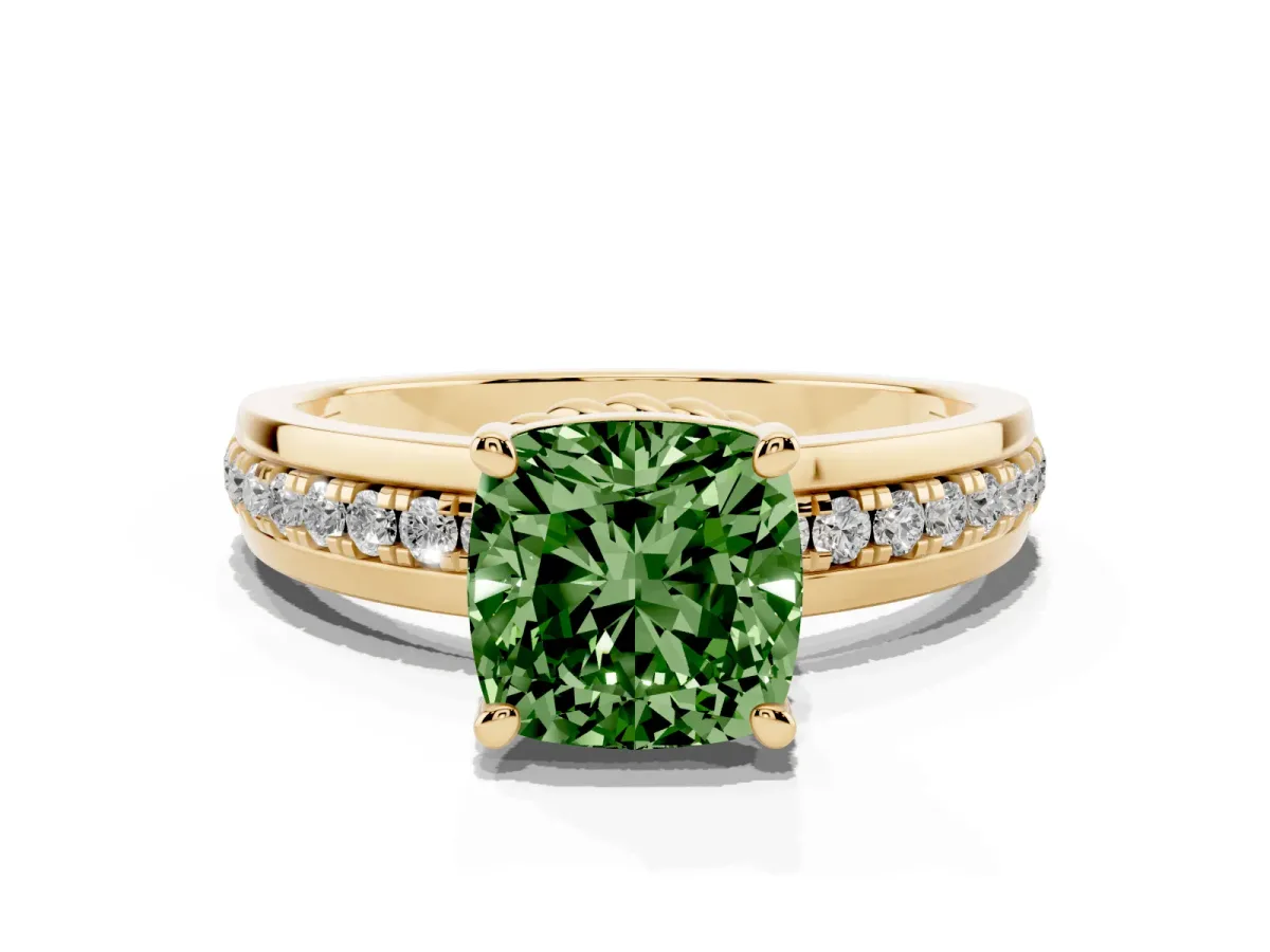 Fancy Green Cushion Cut Solitaire Diamond Ring with Channel Set Band and Six-Prong Setting Yellow gold