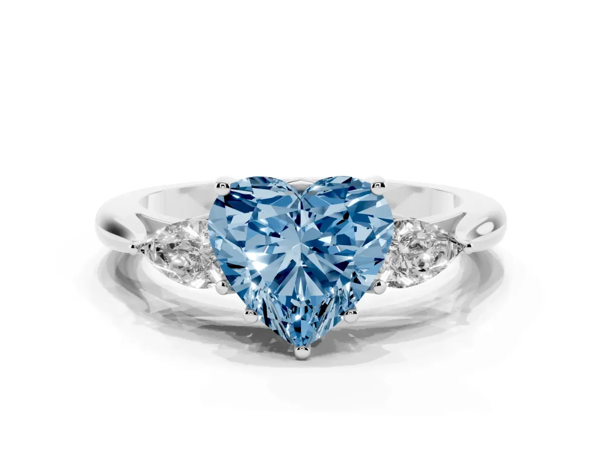 Fancy Blue Heart Cut Diamond Three-Stone Ring with Pear Side Stones and Prong Setting Silver