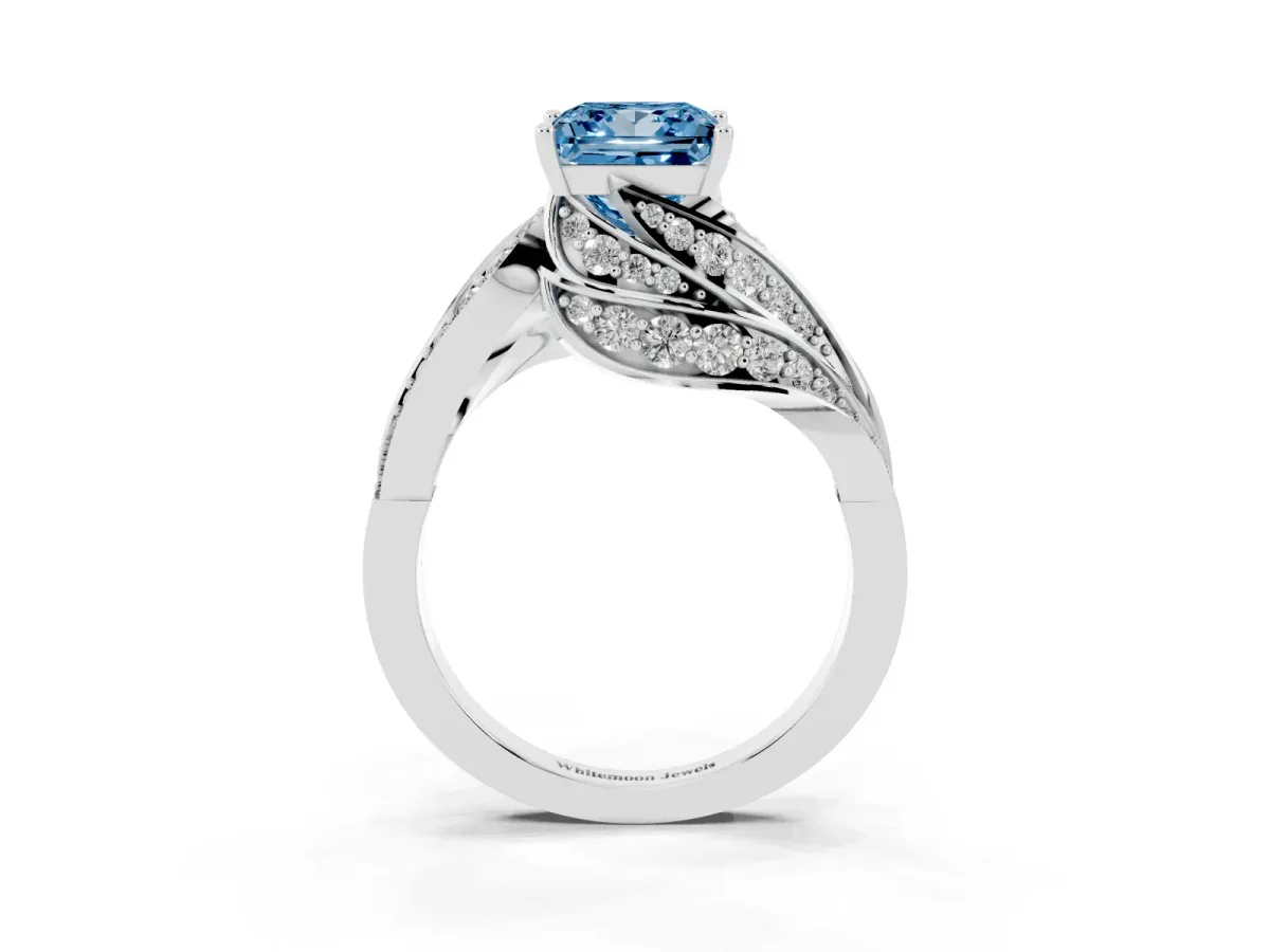 Fancy Blue Princess Cut Diamond Solitaire Ring with Prong Setting and Twisted Pavé Band Silver