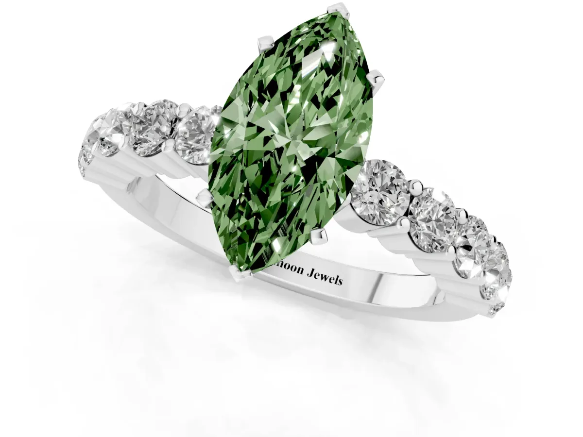 Fancy Green Marquise Cut Diamond Solitaire Ring with Shared Prong Round Side Stones Silver
