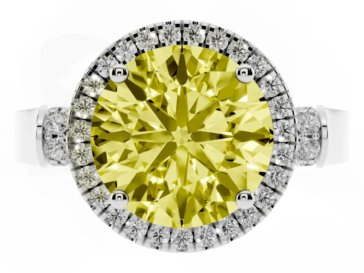 Fancy Yellow Round Cut Halo Pave Split Shank Prong Setting Ring Silver